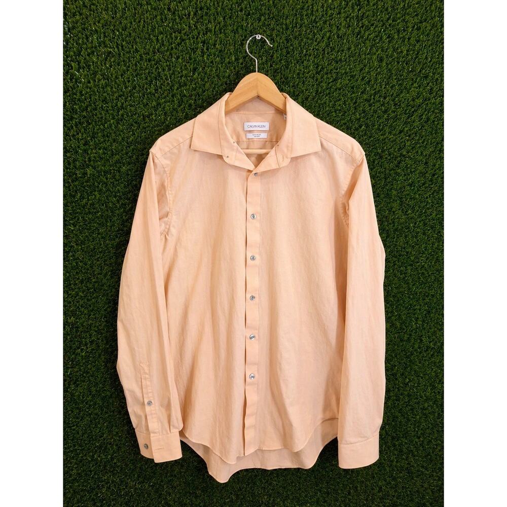 Calvin Klein Dress Shirt Mens 16 34/35 L Slim Fit 4-Way Stretch Peach Dobby